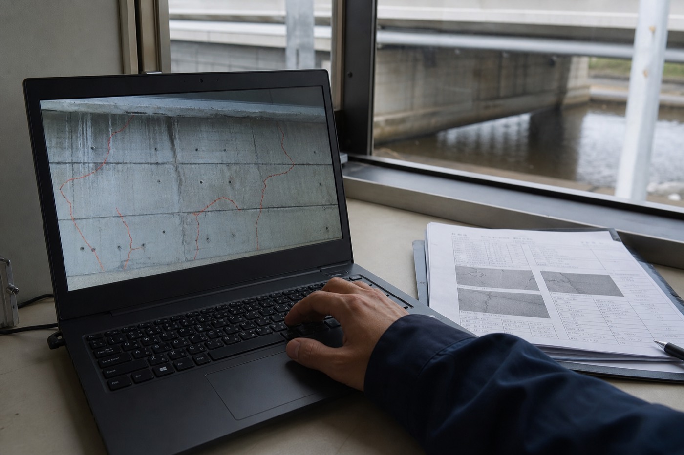 ノートPCの画面にコンクリート面のひび割れ検出結果が表示され、技術者が確認している様子