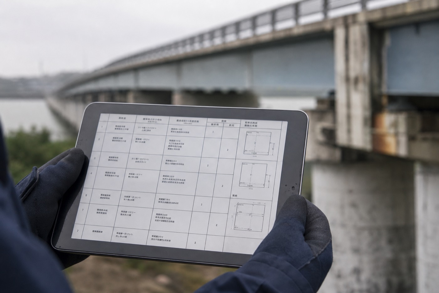 橋梁を背景に性能一覧表を表示したタブレットを持つ手元