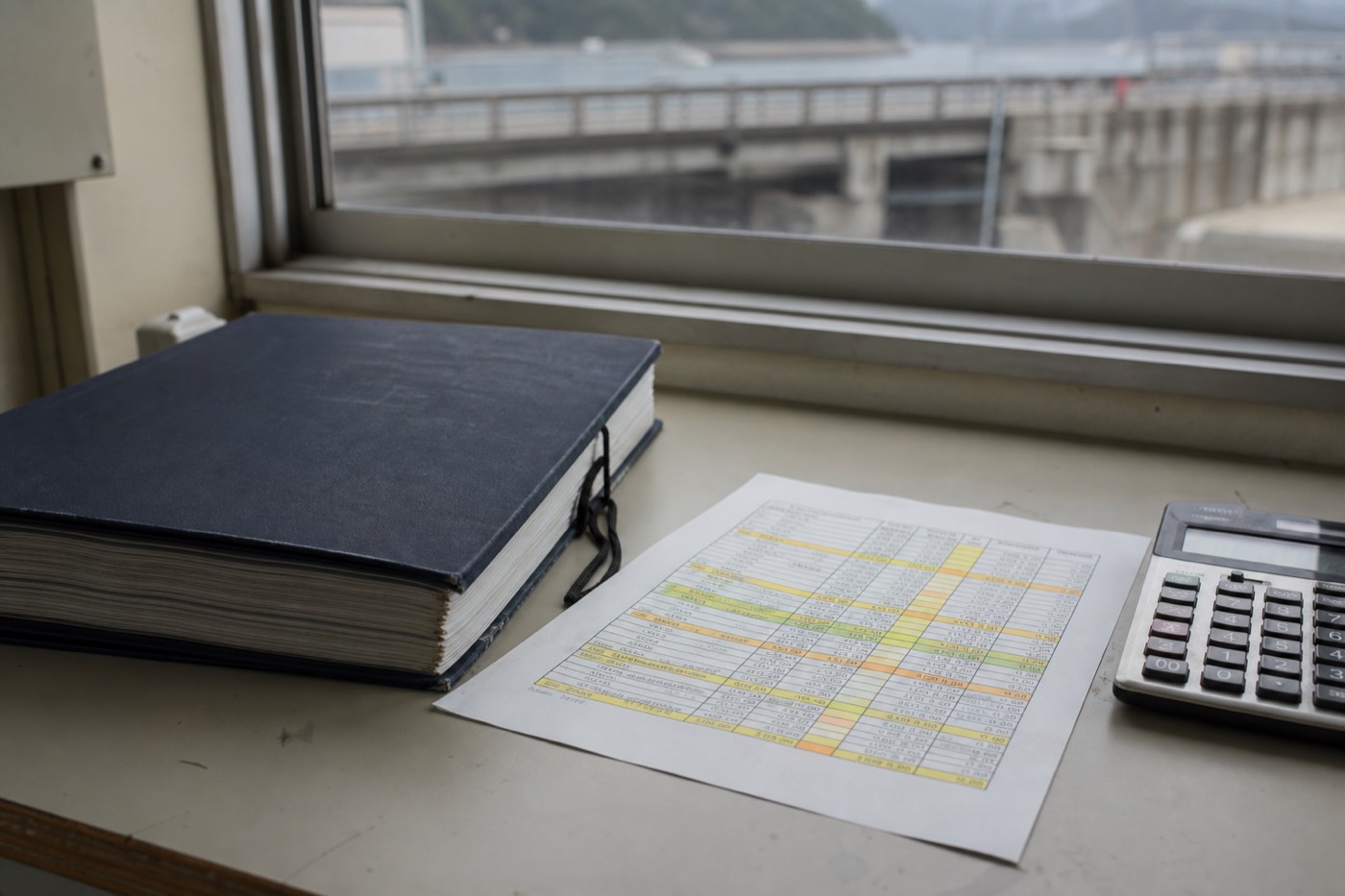 点検調書と集計表、電卓が置かれた事務所のデスク