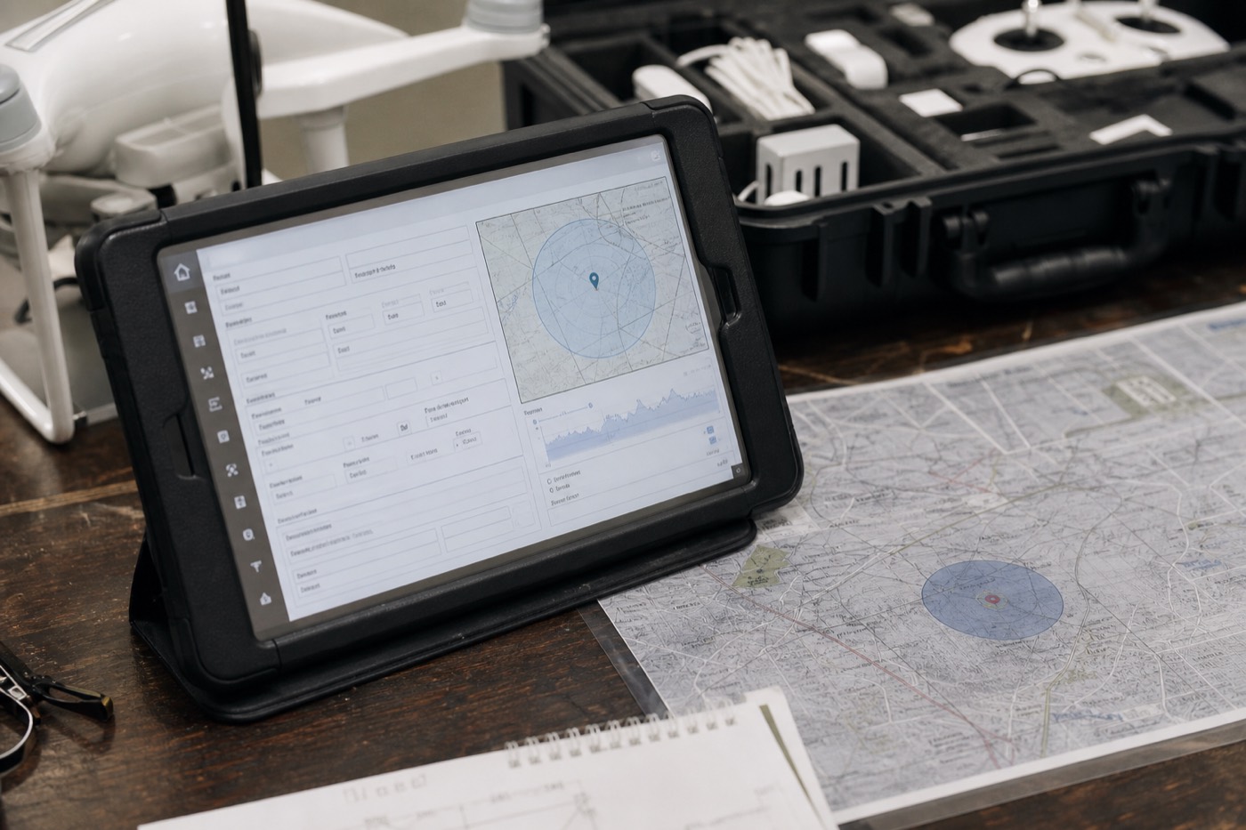 飛行申請画面を表示したタブレットとドローンケース
