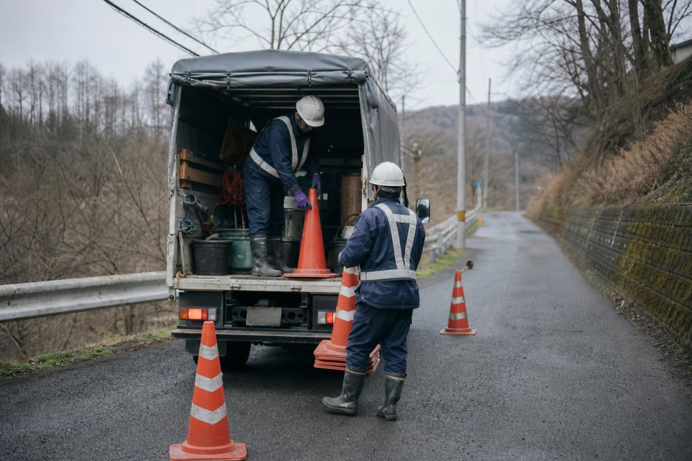 地方の道路に停まる維持管理業者の作業車と作業員