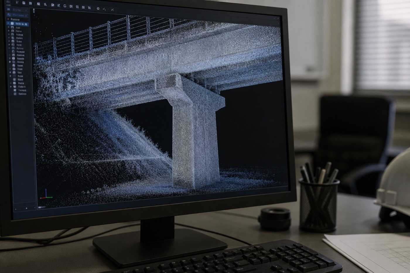 橋梁の3D点群モデルを表示したモニター