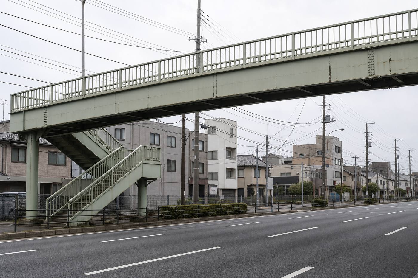 幹線道路をまたぐ鋼製の横断歩道橋と階段部