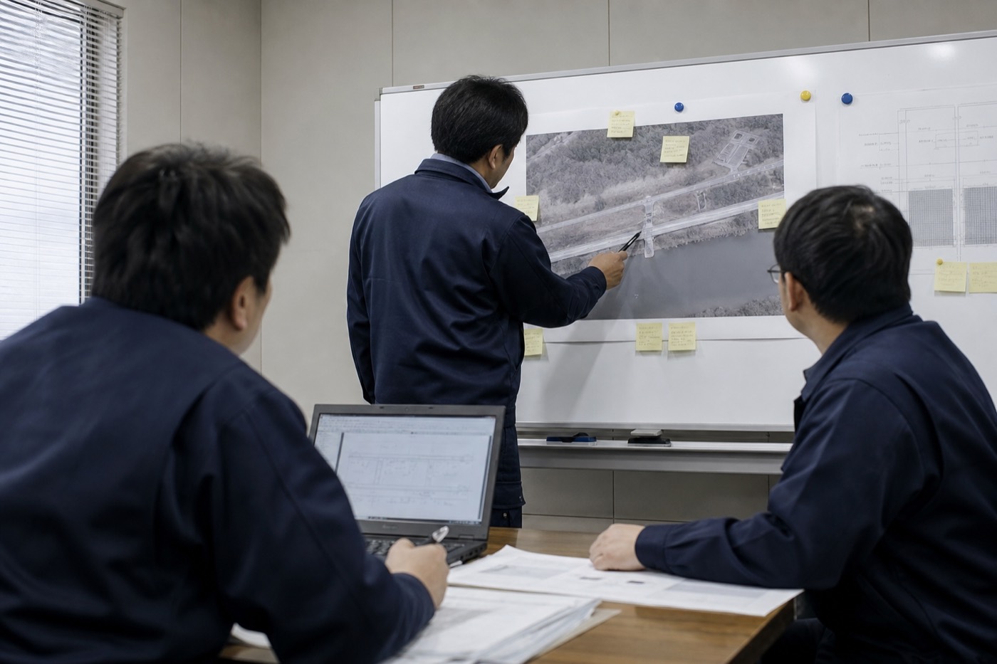 付箋を貼ったホワイトボードで導入手順を検討する技術者たち