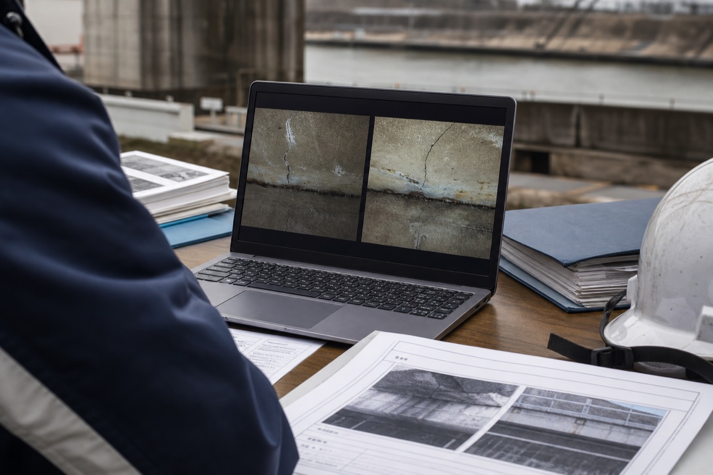 過去案件の画像を並べて比較検証しているノートPCと報告書