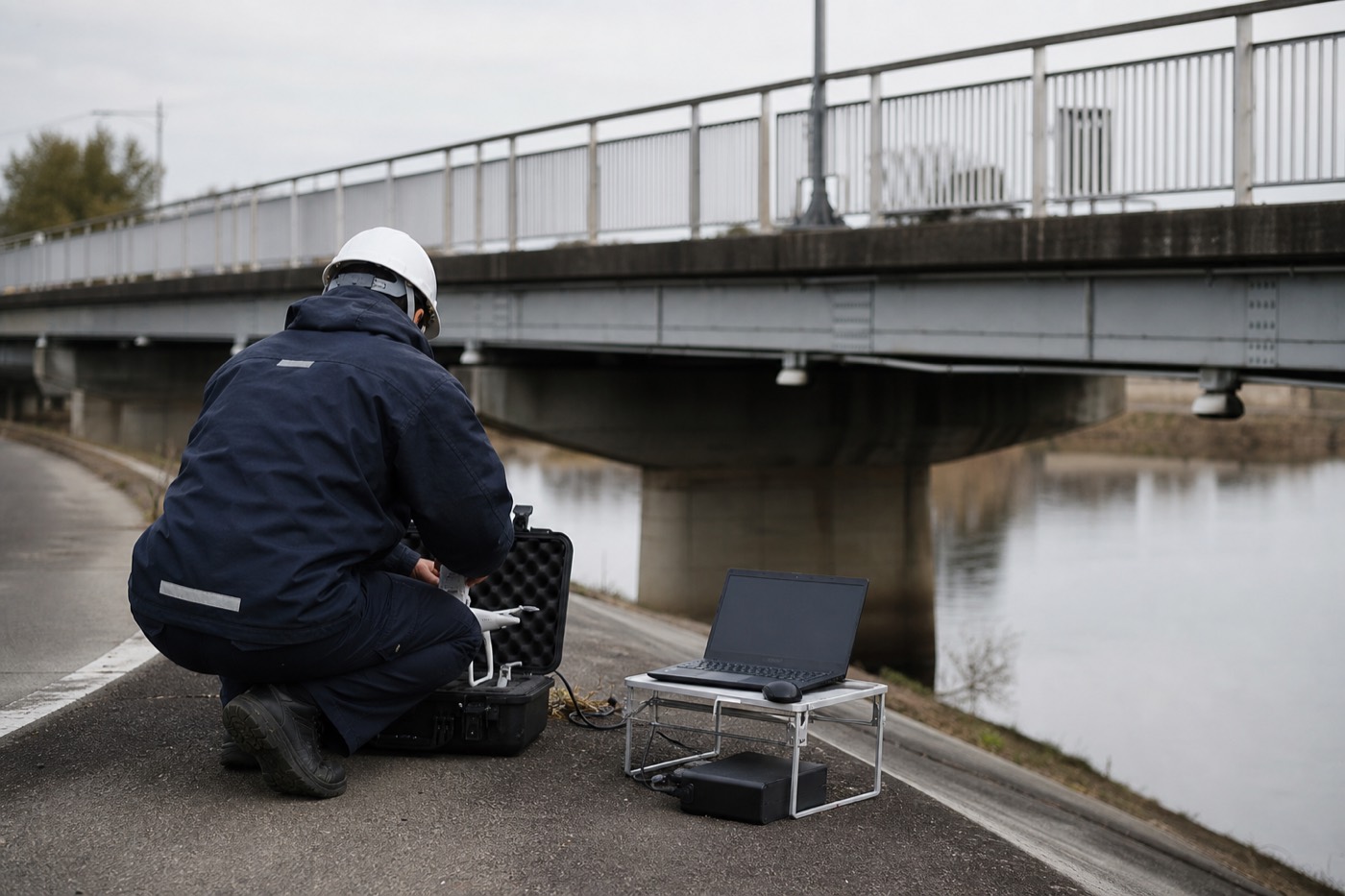 橋のたもとで機材を準備する技術者とドローンケース