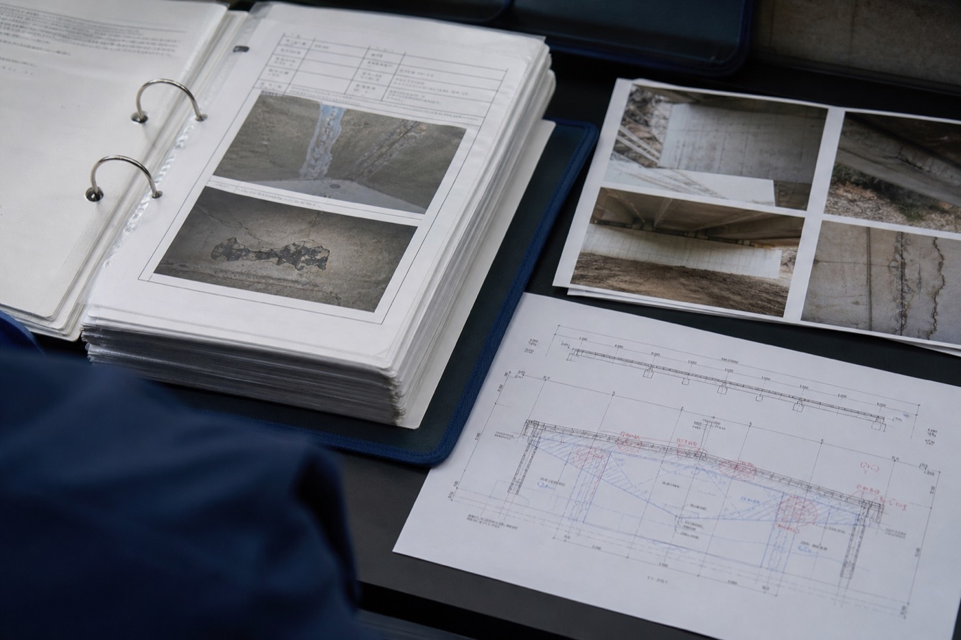 点検調書と損傷図、現場写真を並べた机上