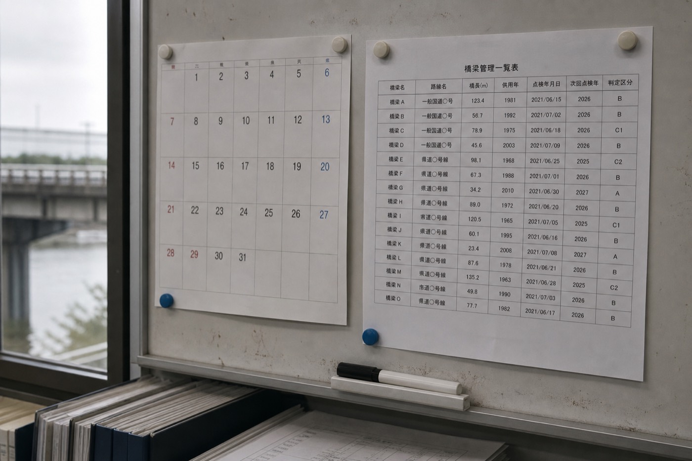 事務所の掲示板に貼られた年間カレンダーと橋梁一覧