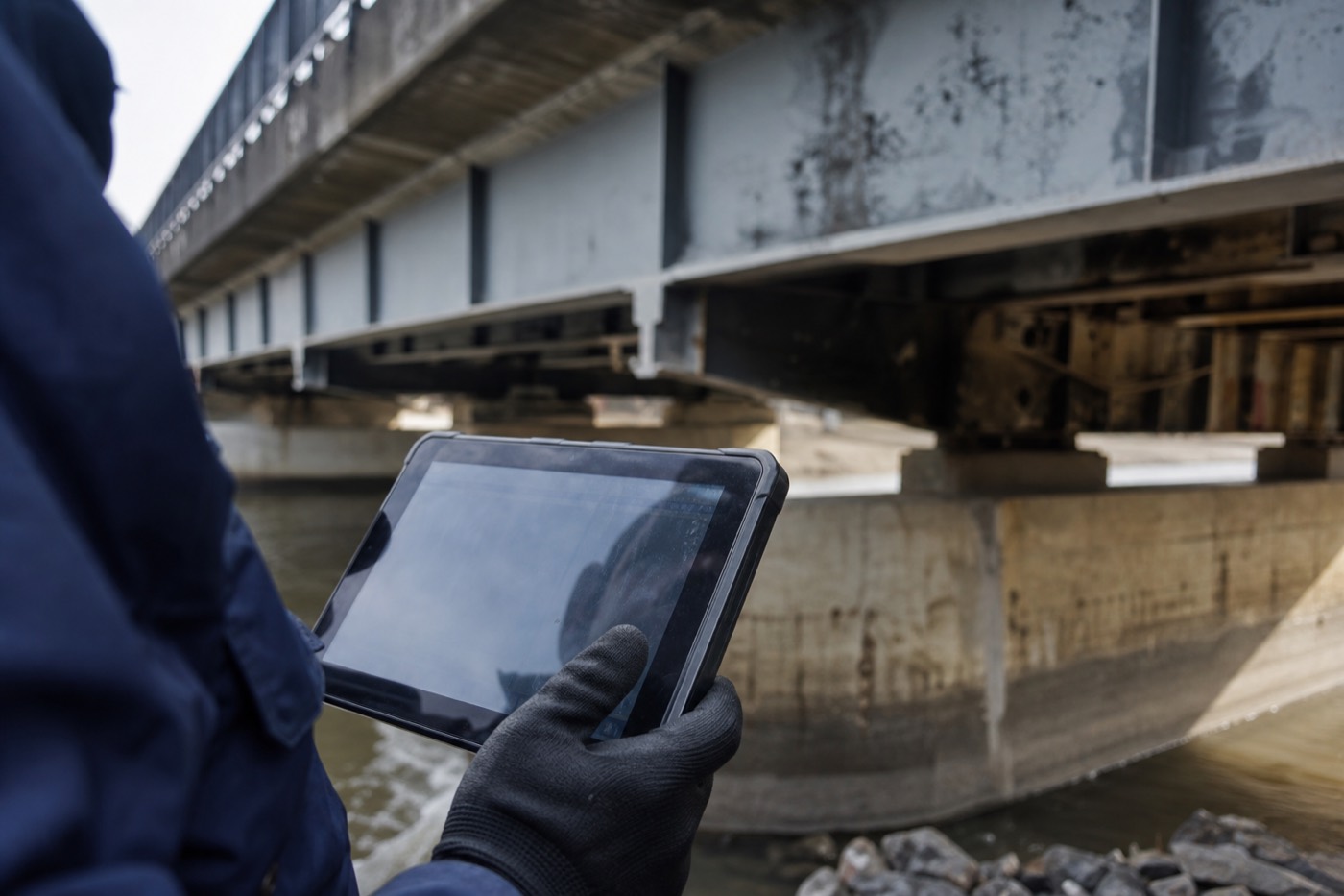 現場でタブレットに点検データを入力する手元