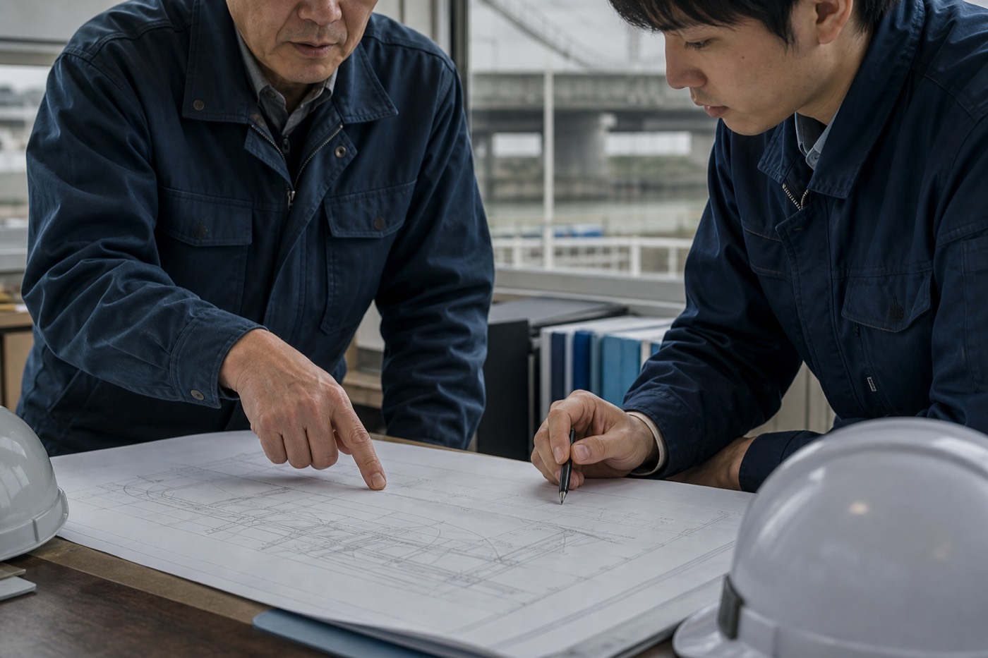 現場事務所で若手に図面を説明するベテラン技術者